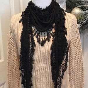 Black lightweight scarf with crocheted fringe